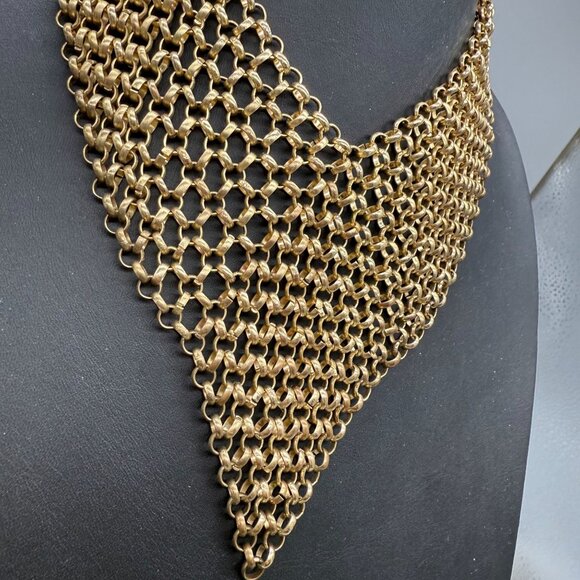 Vintage Mesh Draped Chainmail Statement Layered Bib Necklace Gold Tone - Picture 2 of 5